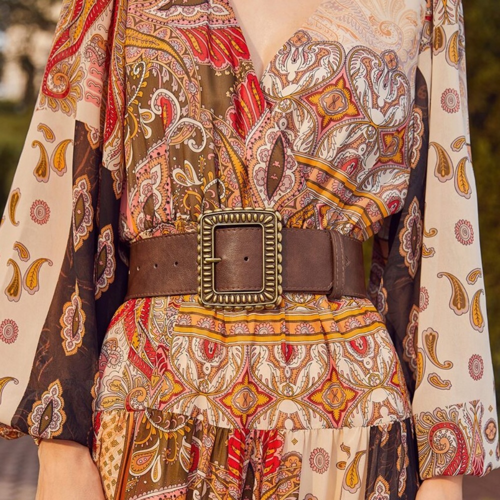brown vegan leather gold tone buckle belt boho NEW
